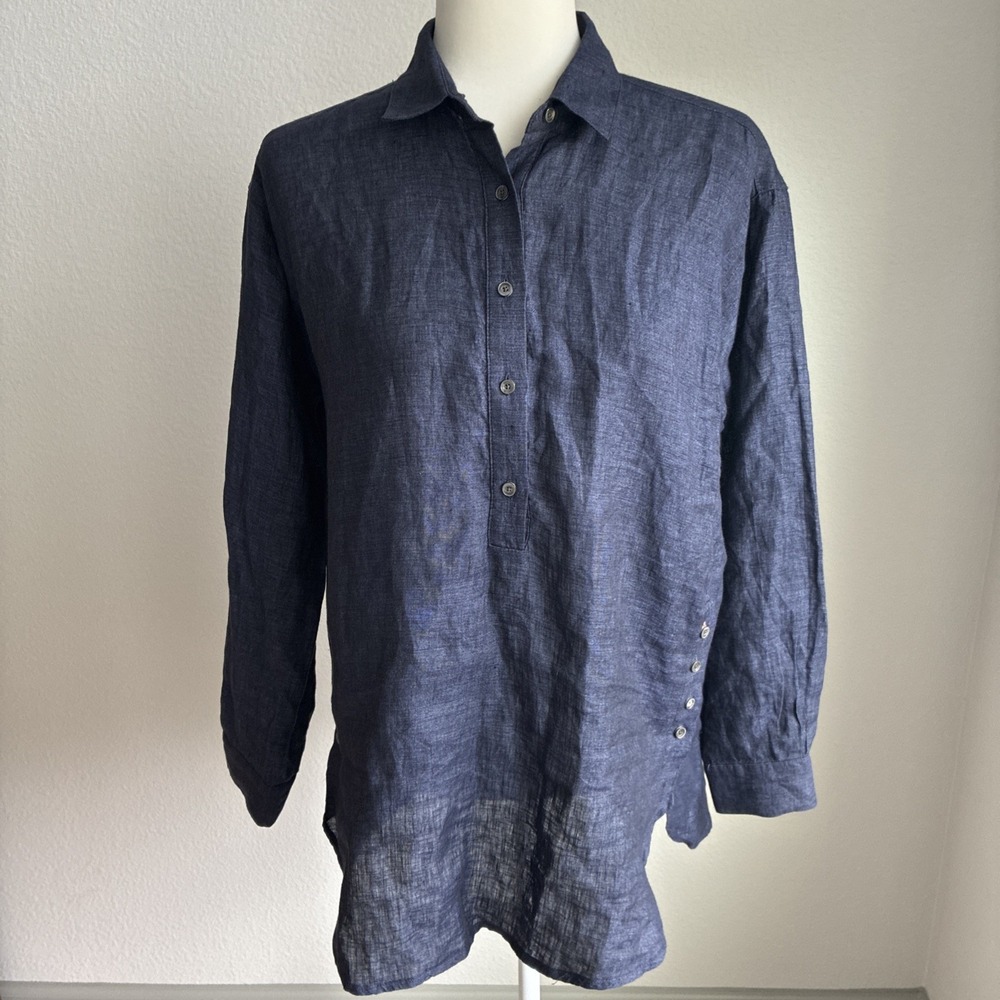 J. McLaughlin Womens Popover 100% Linen 1/2 Button Shirt Beach Coastal Small